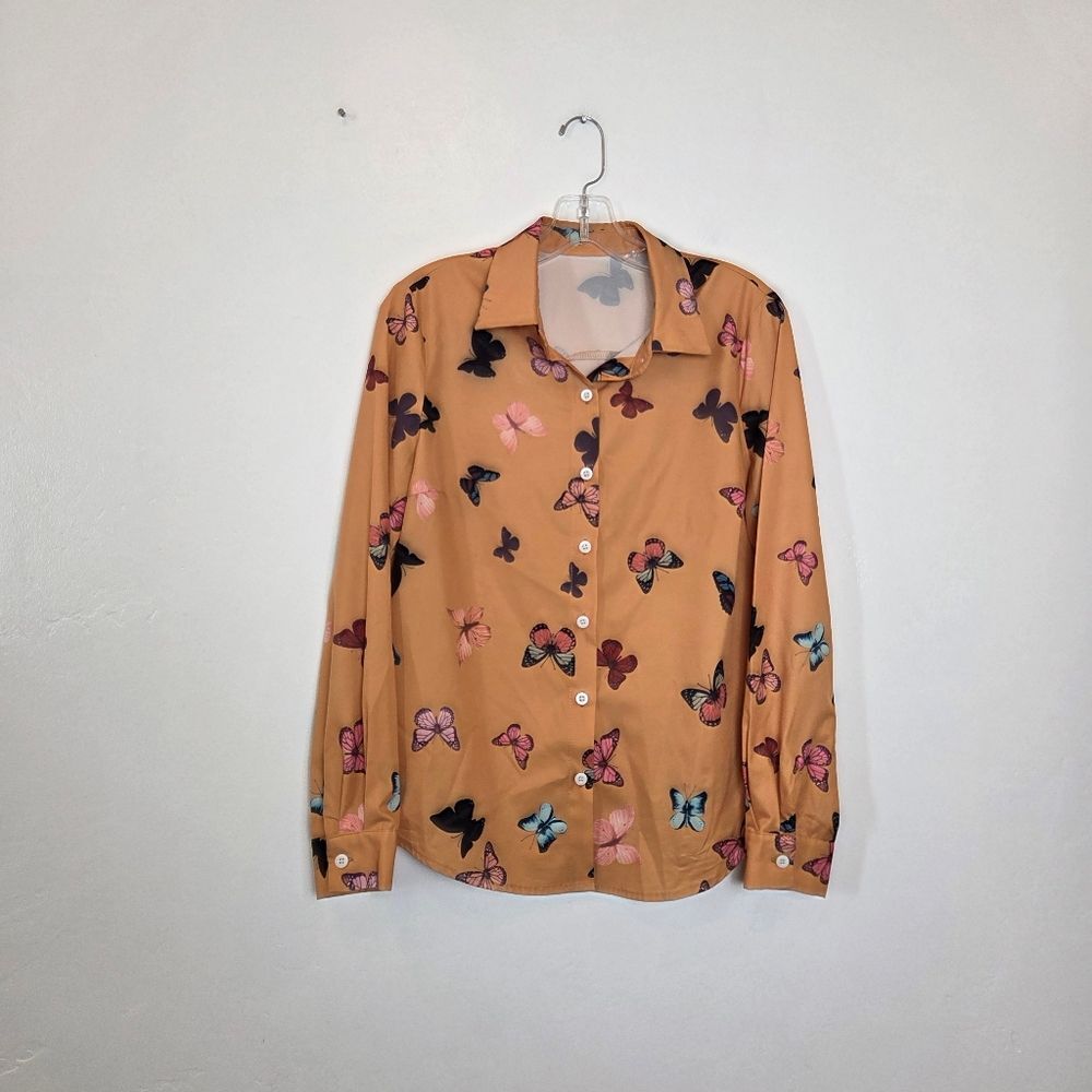 Golden Butterfly Blouse Top Mustard Dandelion Yellow Teacher Novelty Mod Small